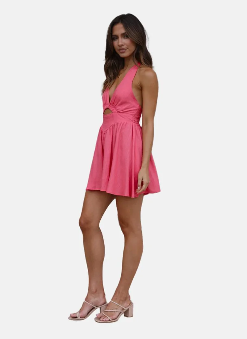 يونيكي Pink V Neck Solid  Fit & Flared Dress