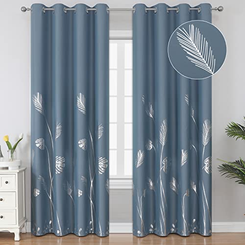 Estelar Textiler Stone Blue Blackout Curtains 84 Inches Long, Grommet Curtains with Silver Palm Tree Pattern, Light Blocking Thermal Insulated Window Drapes for Boys Bedroom, 52Wx84L, 2 Panels - Image 1