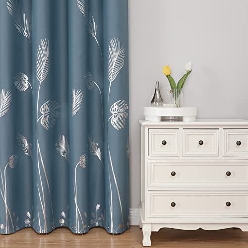 Estelar Textiler Stone Blue Blackout Curtains 84 Inches Long, Grommet Curtains with Silver Palm Tree Pattern, Light Blocking Thermal Insulated Window Drapes for Boys Bedroom, 52Wx84L, 2 Panels - Image 2