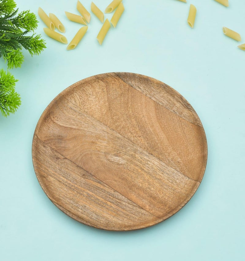 OGGN Natural Mango Wood Round Plate Set of 1, Wooden Serving Tray, Tea Coffee Serving Tray, Platter for Home & Kitchen, (28 X 28 X 1.2) cm - Image 1