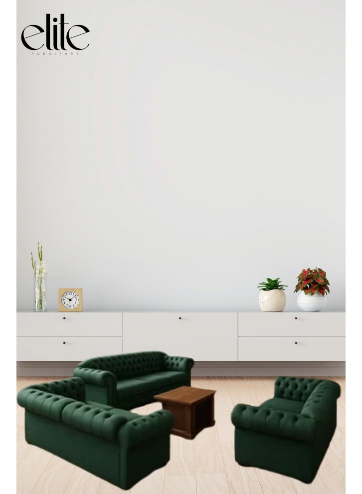 أثاث النخبة مجموعة صالة مكتب أنيقة تتميز بثلاثة أرائك مبطنة باللون الأخضر العميق وطاولة قهوة خشبية متطابقة، مثالية لاجتماع أو منطقة استرخاء متطورة ومريحة في مساحة عمل احترافية. - Image 1