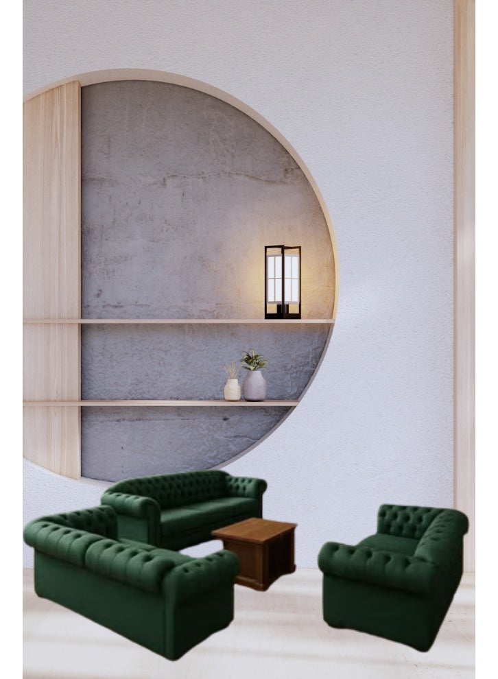 أثاث النخبة مجموعة صالة مكتب أنيقة تتميز بثلاثة أرائك مبطنة باللون الأخضر العميق وطاولة قهوة خشبية متطابقة، مثالية لاجتماع أو منطقة استرخاء متطورة ومريحة في مساحة عمل احترافية. - Image 2