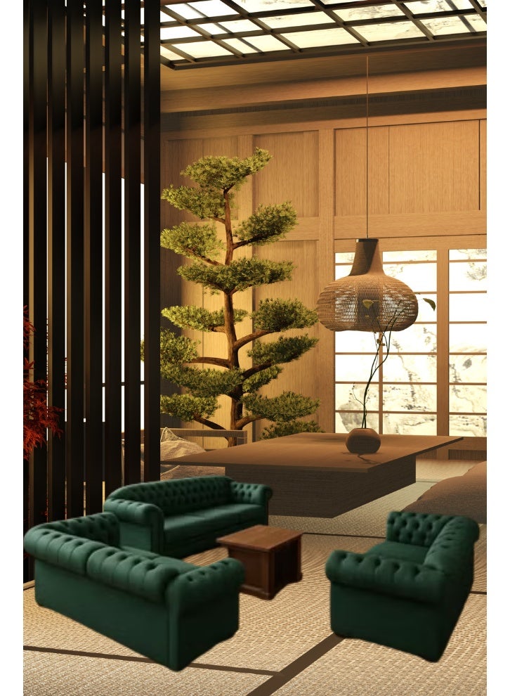 أثاث النخبة مجموعة صالة مكتب أنيقة تتميز بثلاثة أرائك مبطنة باللون الأخضر العميق وطاولة قهوة خشبية متطابقة، مثالية لاجتماع أو منطقة استرخاء متطورة ومريحة في مساحة عمل احترافية. - Image 3