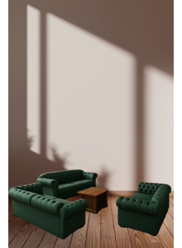 أثاث النخبة مجموعة صالة مكتب أنيقة تتميز بثلاثة أرائك مبطنة باللون الأخضر العميق وطاولة قهوة خشبية متطابقة، مثالية لاجتماع أو منطقة استرخاء متطورة ومريحة في مساحة عمل احترافية. - Image 4