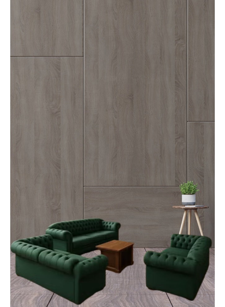 أثاث النخبة مجموعة صالة مكتب أنيقة تتميز بثلاثة أرائك مبطنة باللون الأخضر العميق وطاولة قهوة خشبية متطابقة، مثالية لاجتماع أو منطقة استرخاء متطورة ومريحة في مساحة عمل احترافية. - Image 5