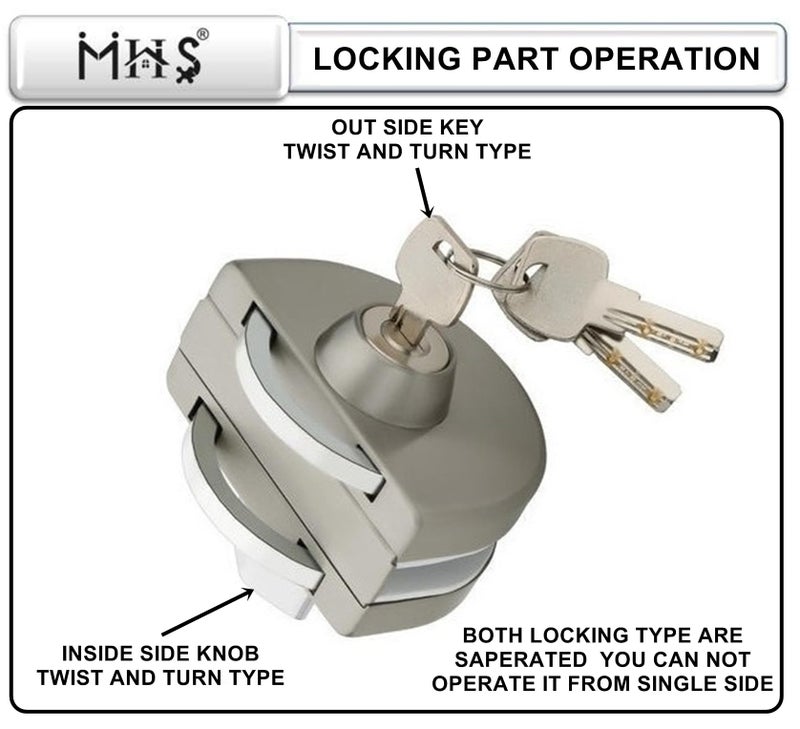 MHS Heavy Duty Stainless Steel Lock for Glass Door Thickness 10 mm to 12 mm Having 3 Ultra Keys Out Side & Knob Inside with Screws Satin Finish Pack of 1 Set (A. Glass to Glass, Silver) - Image 4
