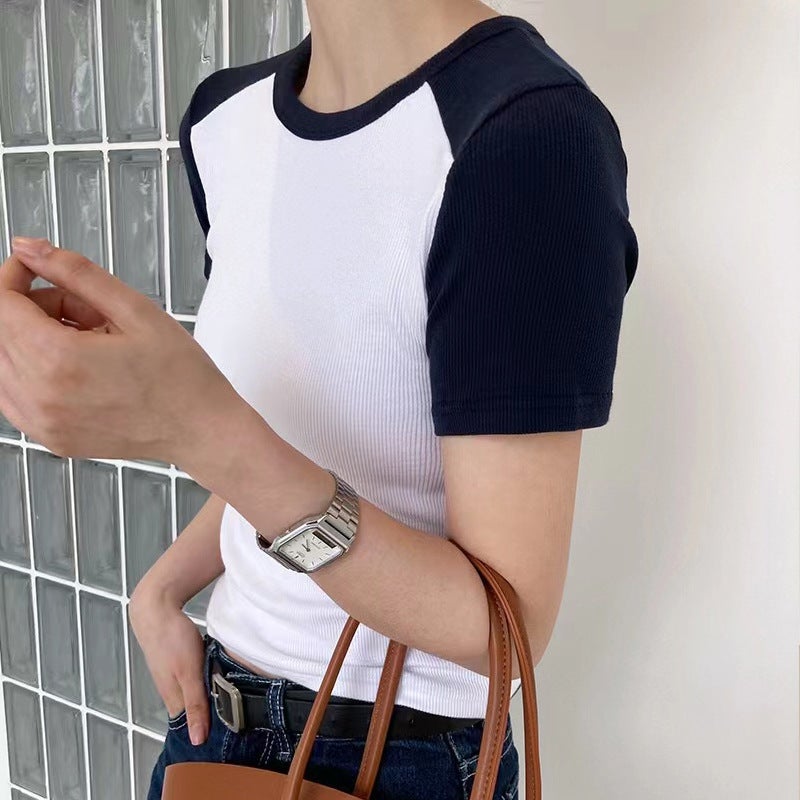 Western-Style Splicing Short-Sleeved T-Shirt for Women Summer Design 2025 New Slim-Fitting Top Retro Threaded Cotton Bottoming Shirt - Image 5