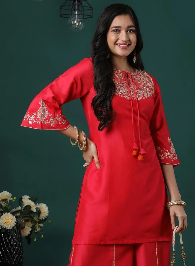 globus Globus Embroidered Tie-Up Neck Bell Sleeves Straight Kurta and Palazzos Set