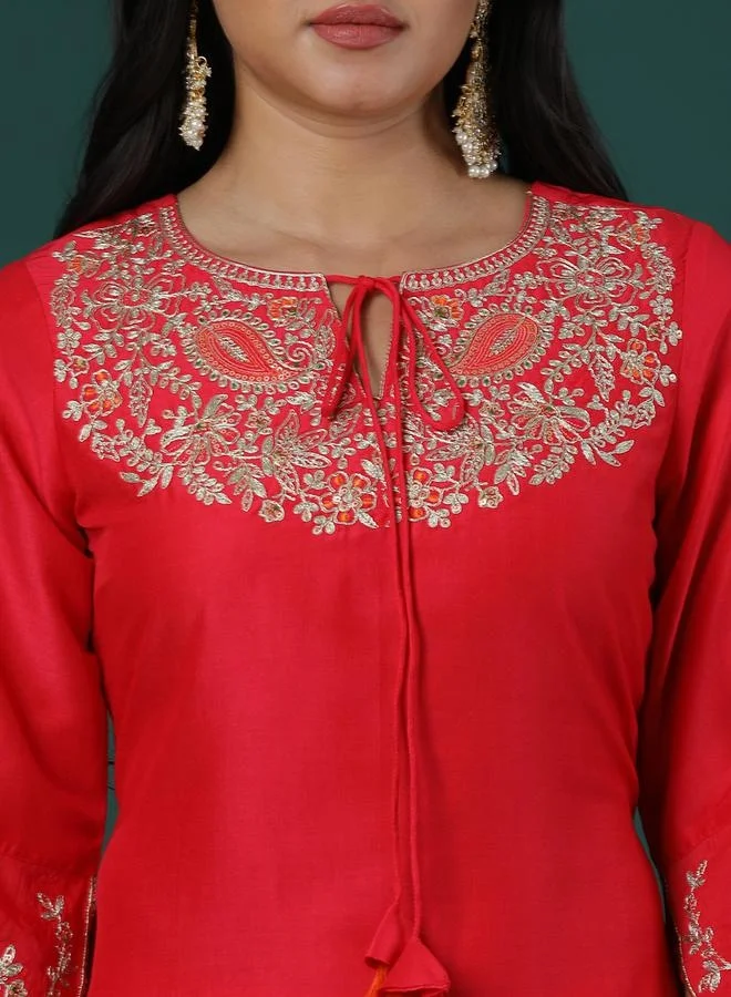 globus Globus Embroidered Tie-Up Neck Bell Sleeves Straight Kurta and Palazzos Set