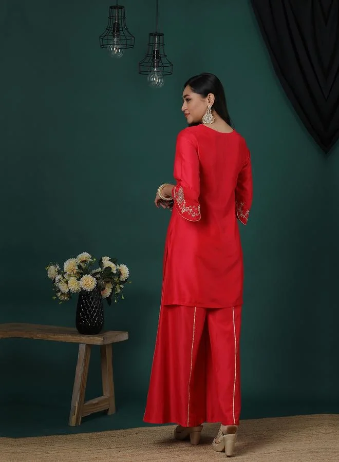 globus Globus Embroidered Tie-Up Neck Bell Sleeves Straight Kurta and Palazzos Set