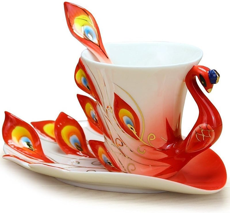 vanki 1 pc Collectable Fine Arts China Porcelain Tea Cup and Saucer Coffee Cup Peacock Theme Romantic Creative PresentRed - Image 3
