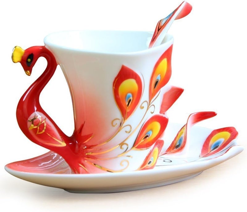 vanki 1 pc Collectable Fine Arts China Porcelain Tea Cup and Saucer Coffee Cup Peacock Theme Romantic Creative PresentRed - Image 1