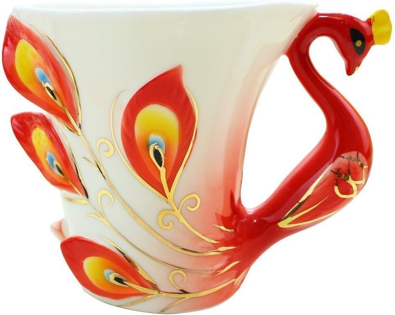 vanki 1 pc Collectable Fine Arts China Porcelain Tea Cup and Saucer Coffee Cup Peacock Theme Romantic Creative PresentRed - Image 4