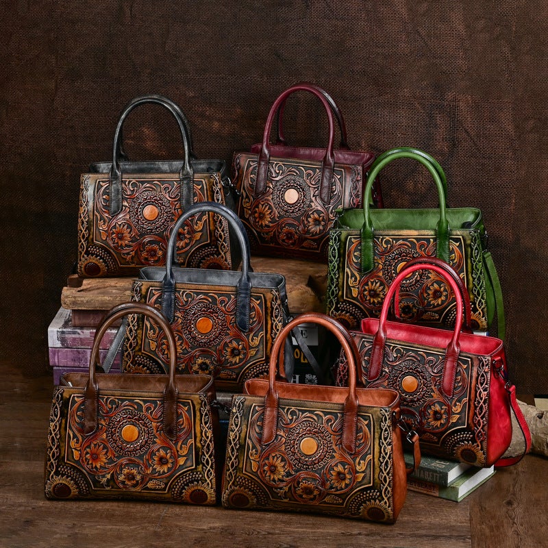 Vintage Full-Print Embossed Women'S Bag, Shoulder Bag, Handbag, Crossbody Bag, Large Capacity, Genuine Leather Pu - Image 2