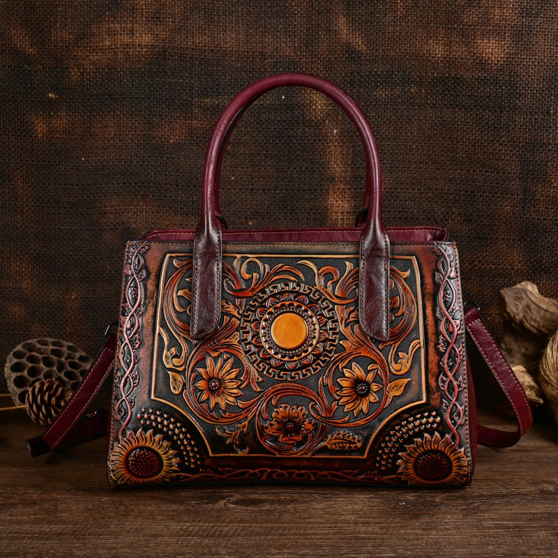 Vintage Full-Print Embossed Women'S Bag, Shoulder Bag, Handbag, Crossbody Bag, Large Capacity, Genuine Leather Pu - Image 3