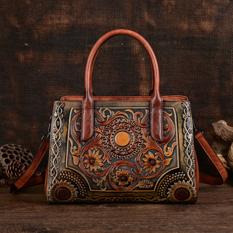 Vintage Full-Print Embossed Women'S Bag, Shoulder Bag, Handbag, Crossbody Bag, Large Capacity, Genuine Leather Pu - Image 1