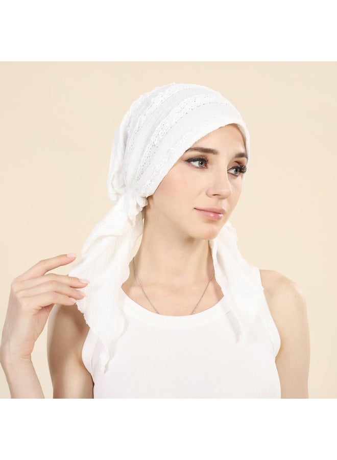 Lace Head Wrap Scarf Set, Black and White, Pre-Tied Turban Style with Elastic Band, 58cm - Image 4