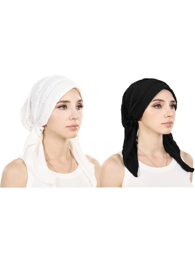 Lace Head Wrap Scarf Set, Black and White, Pre-Tied Turban Style with Elastic Band, 58cm - Image 1