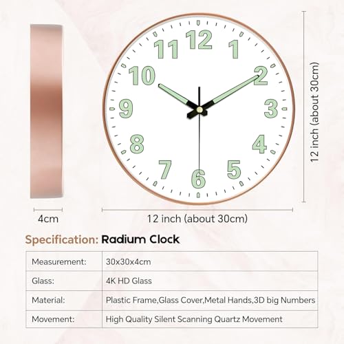 WHISKET - 12 Inch | Radium Silent Sweep Clock| Decorative Analog Wall Clock | Glow in Dark Numbers| Silent Movement for Living Room & Office. (Radium White Round) - Image 3