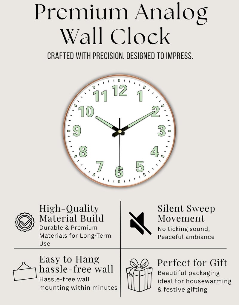 WHISKET - 12 Inch | Radium Silent Sweep Clock| Decorative Analog Wall Clock | Glow in Dark Numbers| Silent Movement for Living Room & Office. (Radium White Round) - Image 5