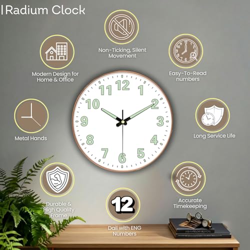 WHISKET - 12 Inch | Radium Silent Sweep Clock| Decorative Analog Wall Clock | Glow in Dark Numbers| Silent Movement for Living Room & Office. (Radium White Round) - Image 2