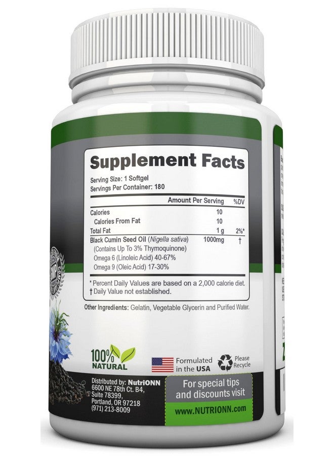 NutriONN Black Seed Oil - 1000 Mg - 180 Softgels - Cold-Pressed Non-GMO Black Cumin Seed Capsules - Super High Thymoquinone Content - Nigella Sativa - Rich in Omega 6 & 9 Fatty Acids - Immune Health Support - Image 2