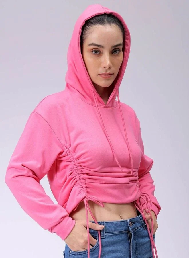 Women Relaxed Fit Solid Hooded Neck Long Sleeve Ruched Sweatshirt