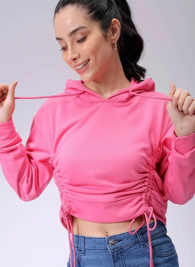مرفوعة Women Relaxed Fit Solid Hooded Neck Long Sleeve Ruched Sweatshirt
