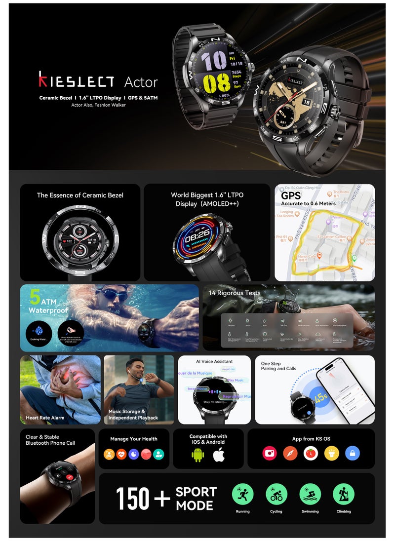 KIESLECT - Smart Calling Watch Actor with Ceramic Bezel, 1.6" LTPO AMOLED Display, GPS, 5 ATM Waterproof, Music Storage, 150+ Sport Modes, Compatible with iOS & Android - Image 1