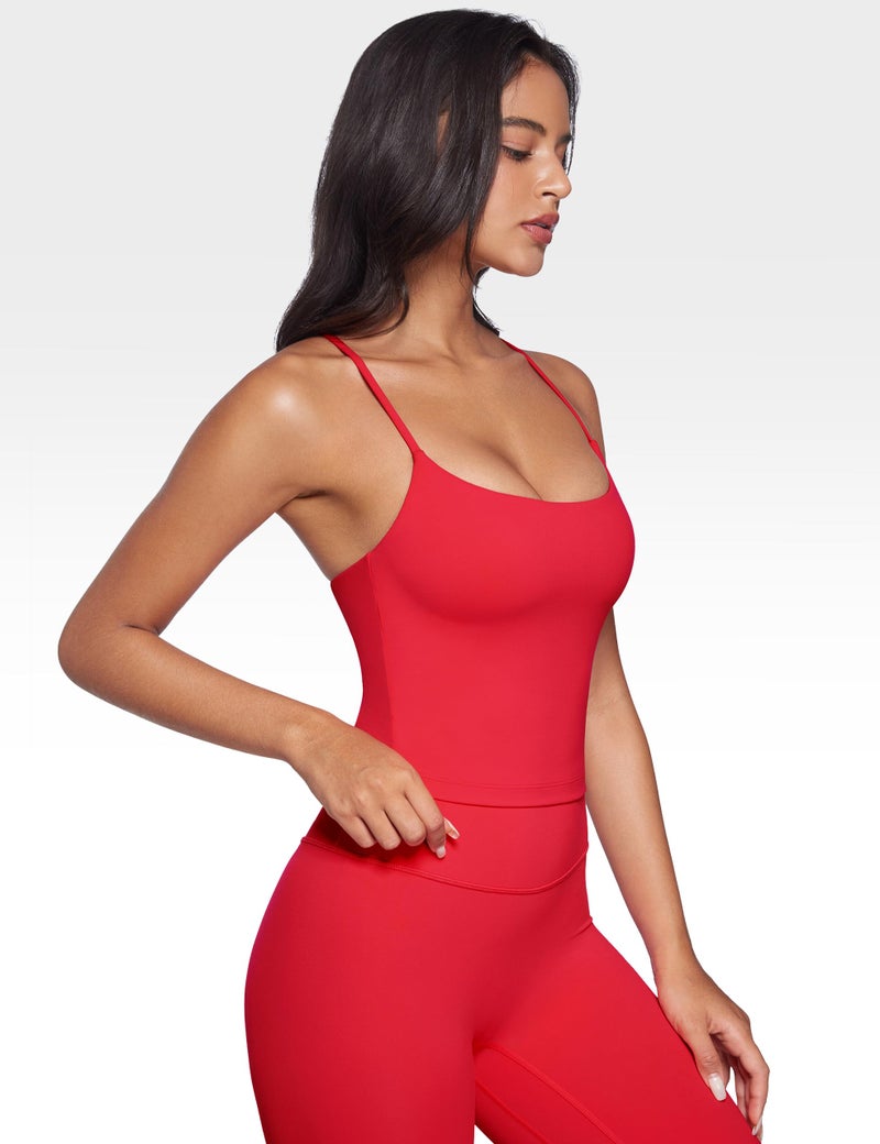 INGIA Womens Low Scoop Neck Tank Tops Built in Bra U Back Workout Tanks Spaghetti Criss Cross Strap Sleeveless Cropped Top Aurora Red Small - Image 2