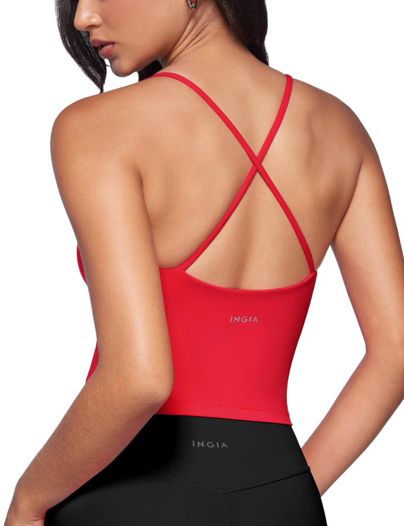 INGIA Womens Low Scoop Neck Tank Tops Built in Bra U Back Workout Tanks Spaghetti Criss Cross Strap Sleeveless Cropped Top Aurora Red Small - Image 1
