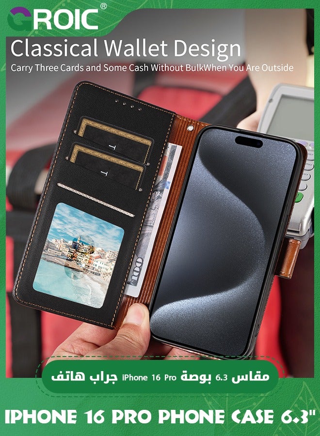 GROIC Case for iPhone 16 Pro 6.3 Inches Wallet Case with Camera Lens Protective Film, Flip Wallet Case with Back Kickstand & RFID Blocking Credit Card Holder Slots Shockproof Full Protection Case - Image 4