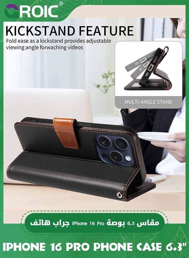 GROIC Case for iPhone 16 Pro 6.3 Inches Wallet Case with Camera Lens Protective Film, Flip Wallet Case with Back Kickstand & RFID Blocking Credit Card Holder Slots Shockproof Full Protection Case - Image 5
