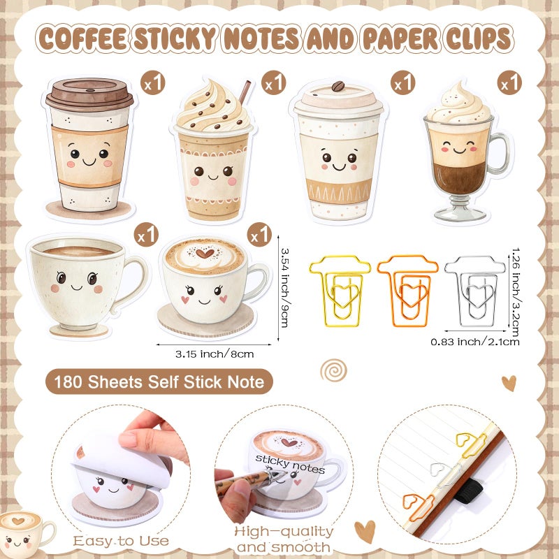 Gilprop 54 Pcs Coffee Theme Gifts 6 Pads Sticky Notes Memo Note 12 Cute Ballpoint Pens 36 Coffee Cup Shaped Paper Clips Bookmarks for Office Supplies Party Favor Coworker Employee Staff Team Gifts - Image 2