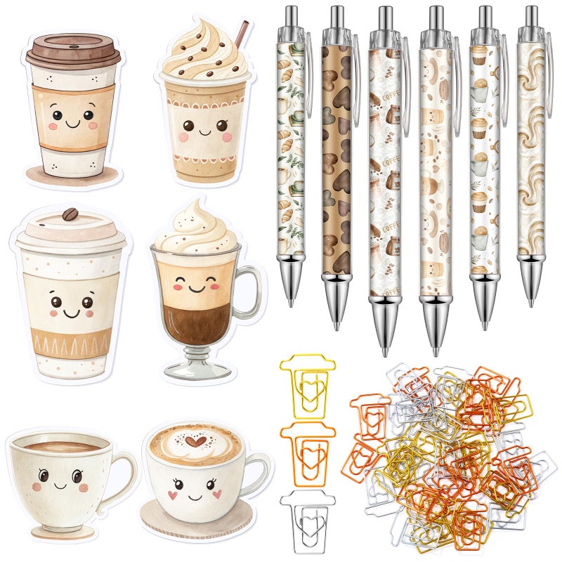 Gilprop 54 Pcs Coffee Theme Gifts 6 Pads Sticky Notes Memo Note 12 Cute Ballpoint Pens 36 Coffee Cup Shaped Paper Clips Bookmarks for Office Supplies Party Favor Coworker Employee Staff Team Gifts - Image 1