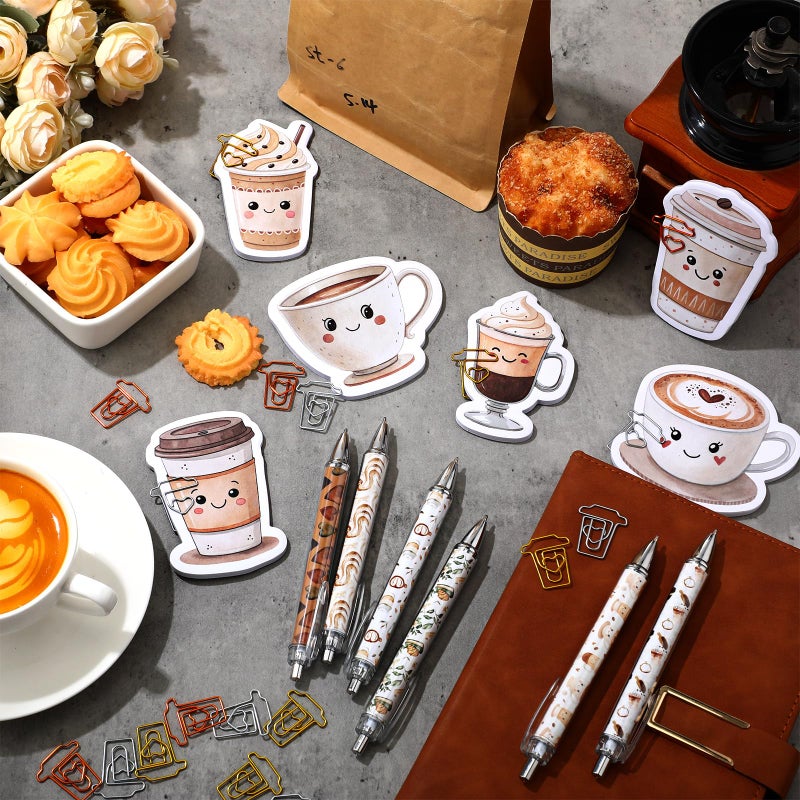 Gilprop 54 Pcs Coffee Theme Gifts 6 Pads Sticky Notes Memo Note 12 Cute Ballpoint Pens 36 Coffee Cup Shaped Paper Clips Bookmarks for Office Supplies Party Favor Coworker Employee Staff Team Gifts - Image 4