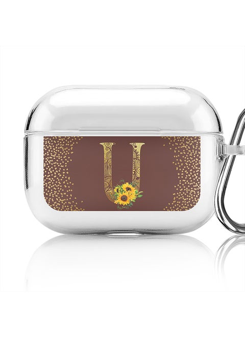 Classic Clear printed Case for Apple Airpods Pro Soft TPU Gel Thin Transparent Flexible Cover - Custom Monogram Initial Letter Mandala Floral Pattern Alphabet - U (Brown )