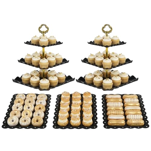 NWK 5 Piece Cake Stand Set with 2 x Large 3Tier Cupcake Stands 3 x Appetizer Trays for Wedding Birthday Baby Shower Tea Party Decorations Black - Image 1
