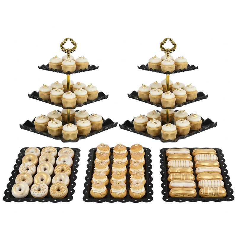 NWK 5 Piece Cake Stand Set with 2 x Large 3Tier Cupcake Stands 3 x Appetizer Trays for Wedding Birthday Baby Shower Tea Party Decorations Black - Image 2