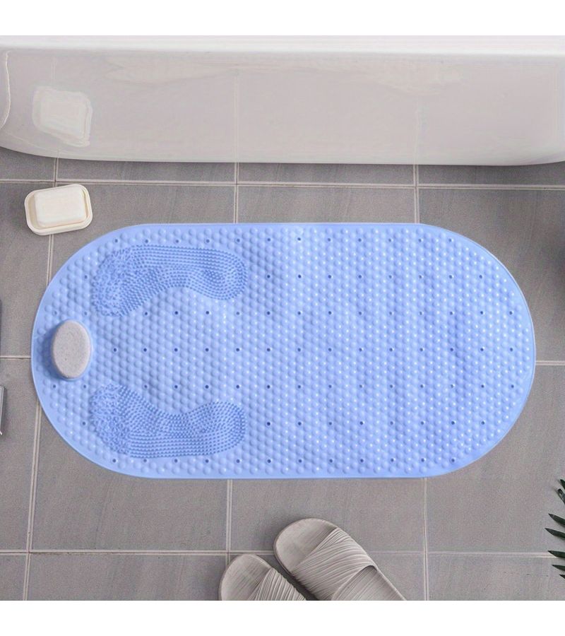 Blue Frosted Shower Pad Oval Bathtub Mat with Anti Slip Suction Cup Drainage Hole Foot Massage Multi Functional Household Bathroom Anti Slip Mat - Image 1