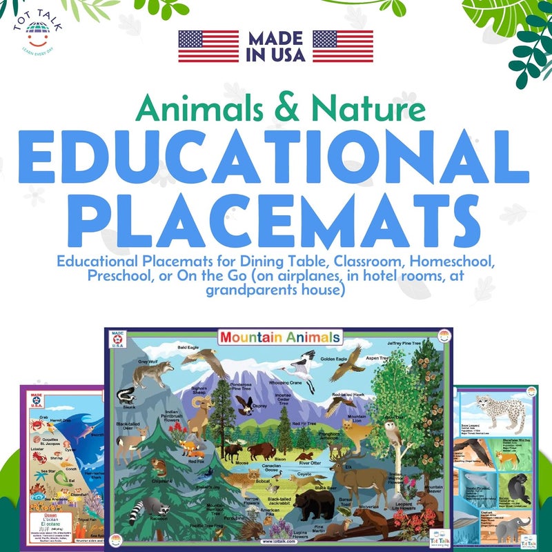 Tot Talk Wildlife Explorer Educational Placemat 4Pack for Kids  Made in USA  Ocean Jungle Savannah  Mountain Animals  Durable DoubleSided Waterproof Wipeable Learning Mats - Image 2