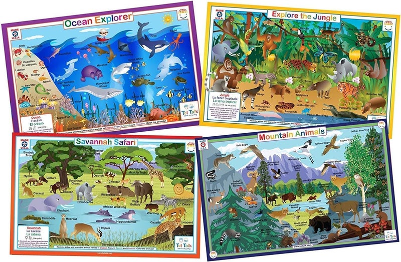 Tot Talk Wildlife Explorer Educational Placemat 4Pack for Kids  Made in USA  Ocean Jungle Savannah  Mountain Animals  Durable DoubleSided Waterproof Wipeable Learning Mats - Image 1