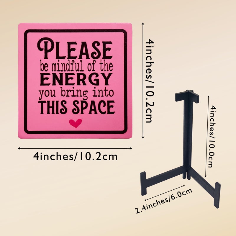 AWISBI Wooden Pink Desk Sign, 4x4 Inches, 'Please be mindful of the energy you bring into this space', Modern, Tabletop Mount, Words & Quotes, Includes Wooden Stand - Image 3