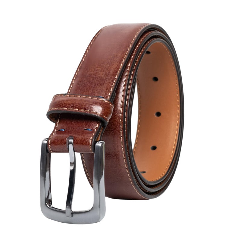 Vince Camuto Belts Men | Dark Tan Leather Belt with Edge Stitch Detailing and Nickel Buckle | Size 38 - Image 1