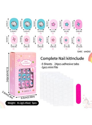 120 PCS Kids Nails Press On, Children Artificial Nails, Short Full Cover False Nails, Cute Girls Fake Nail Tips Set, Safe Non Toxic Acrylic Nail, Wear-On Nails for Little Kids Nail Art Decoration, Ages 5-12 (Multicolor) - view 2