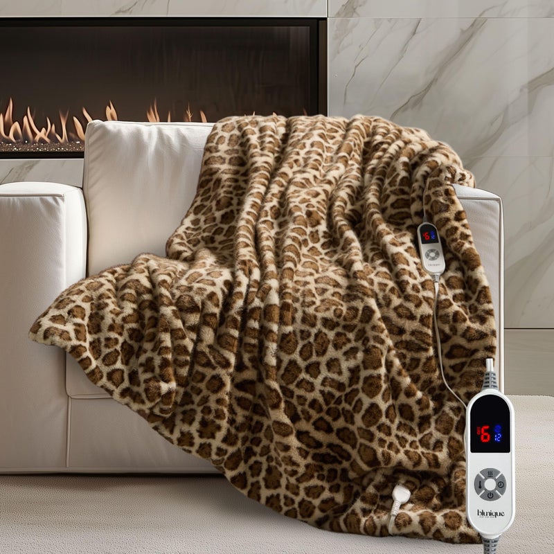 blunique Luxury Faux Fur Heated Blanket Electric Throw - Leopard Print Ultra Soft Thick Warm Heated Blanket, 6 Heating Levels & 12 Hours Auto-Off, ETL Certified, Washable, Luxurious Gifts, 50''x60'' - Image 1