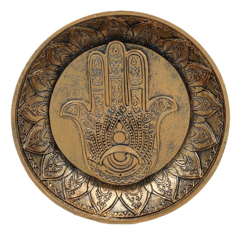 Ebros Gift Sacred Symbol Amulet Hand of God Hamsa Palm Facing Up with Evil Eye Round Incense Stick Holder Burner Figurine 5"" D Zen Feng Shui Vastu Home Fragrance Tabletop Altar Decor - Image 3