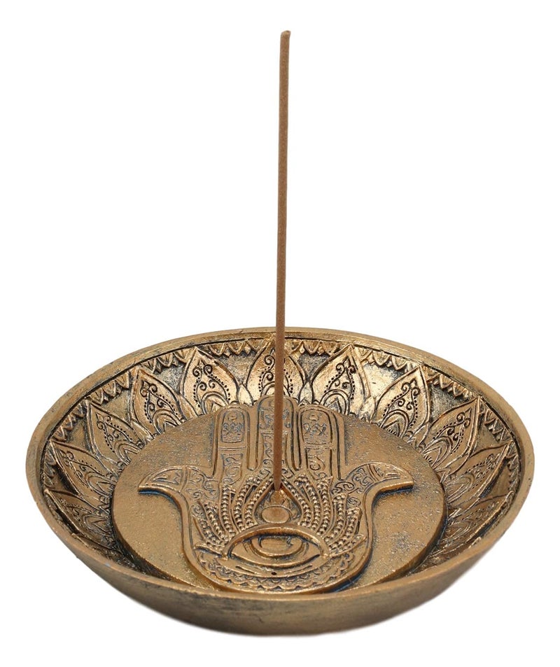Ebros Gift Sacred Symbol Amulet Hand of God Hamsa Palm Facing Up with Evil Eye Round Incense Stick Holder Burner Figurine 5"" D Zen Feng Shui Vastu Home Fragrance Tabletop Altar Decor - Image 2