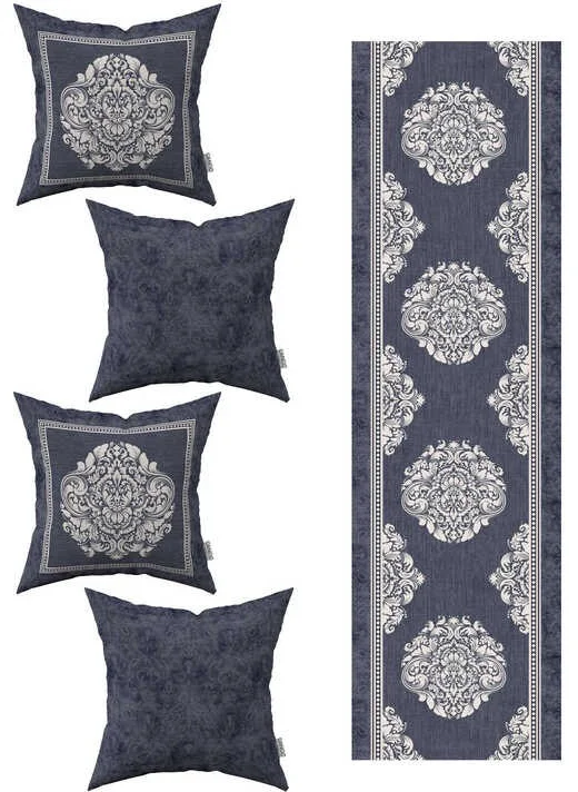 Cango Home Blue and White Decorative Damask Patterned 4-Piece Throw Pillow Covers 1 Runner Set 4KMBS251-RS