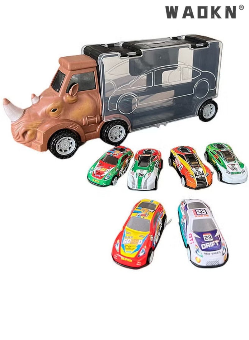 WAOKN Children's Inertia Toy Car Boy Dinosaur Animal Model Container Portable Storage Car Simulation Children's Large Car Two-Sided Storage Container Car  Rhinoceros，Transport Truck Tractor Playset Trailer Carrier Pull Vehicle Container 3-12 Years Old Boys and Girls Birthday Gift Kids Short Rhino ﻿ 